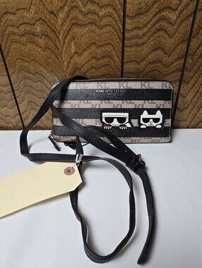 Karl Lagerfeld Black & Taupe Striped Crossbody Wallet with Character Patch